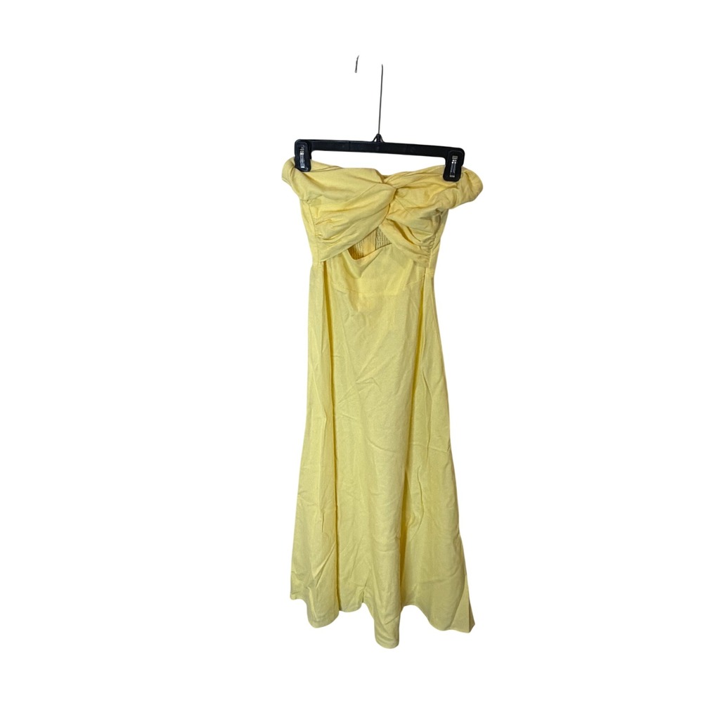 Petal and Pup Yellow Strapless Twist Front Cutout Linen Blend Midi Dress US 6